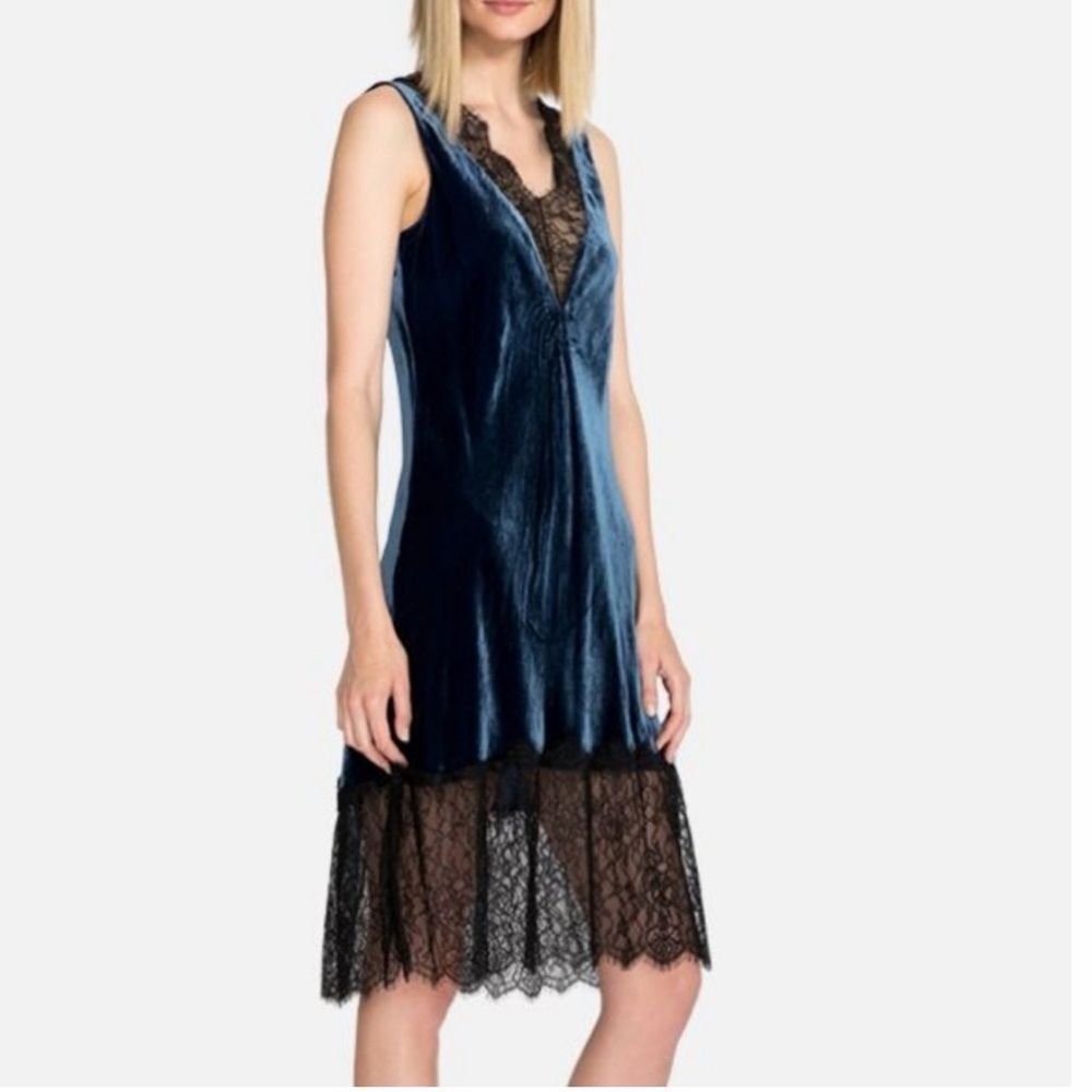 Johnny Was Blue Velvet party holiday slip Dress with Black Lace